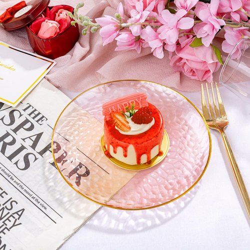 Rubtlamp 100 Pcs Pink Gold Dessert Plates hammered party plates, Pink Disposable Plates With Gold Rim, 7 Inch Dessert Platos Disposable, Plastic Appetizer Plates Perfect for Mother's Day