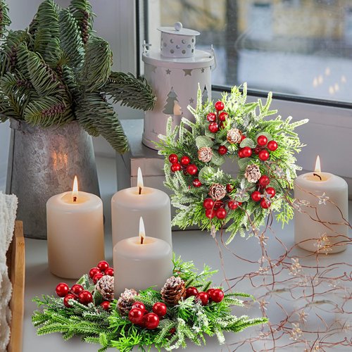 Lyrow 8 Pcs Christmas Candle Rings Wreath Xmas Kitchen Cabinet Mini Wreath Artificial Berries Snowy Pine Candle Ring Holder for Christmas Chandelier Home Table Centerpiece Indoor Decor