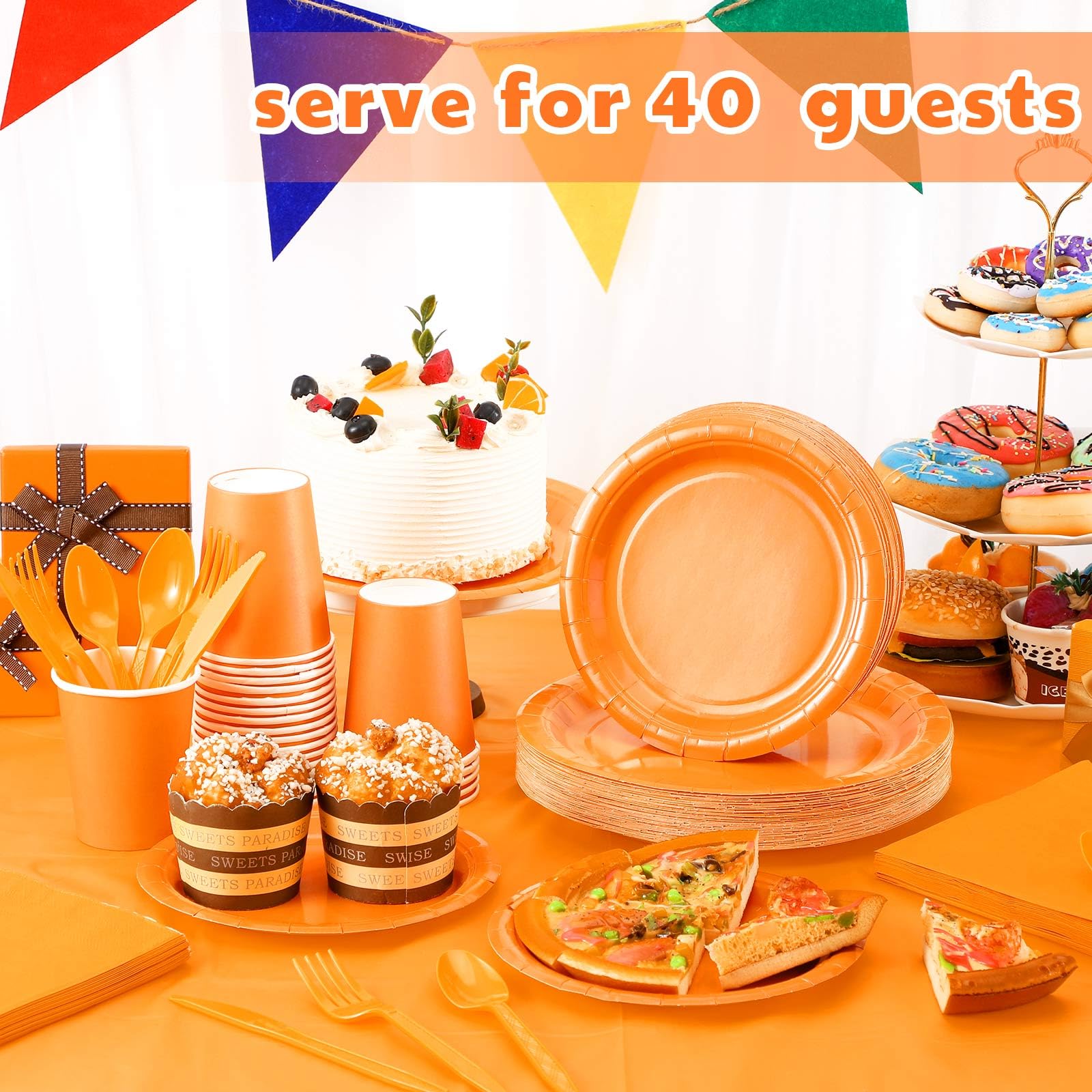 Qilery 282 Pcs Orange Plates Party Supplies Set Serves 40 Guests, Disposable Party Plates, Cups, Plastic Spoons Forks Knives, Napkins, Orange Dinnerware for Fall Thanksgiving Wedding Birthday