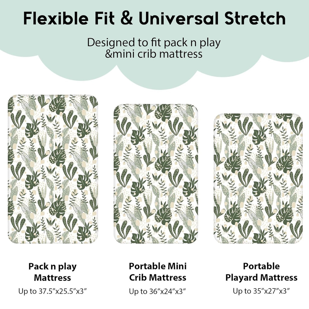 Yoofoss Fitted Pack and Play Sheets - Soft, Breathable Mini Crib Sheets 2-Pack (Green + Banana Leaves)