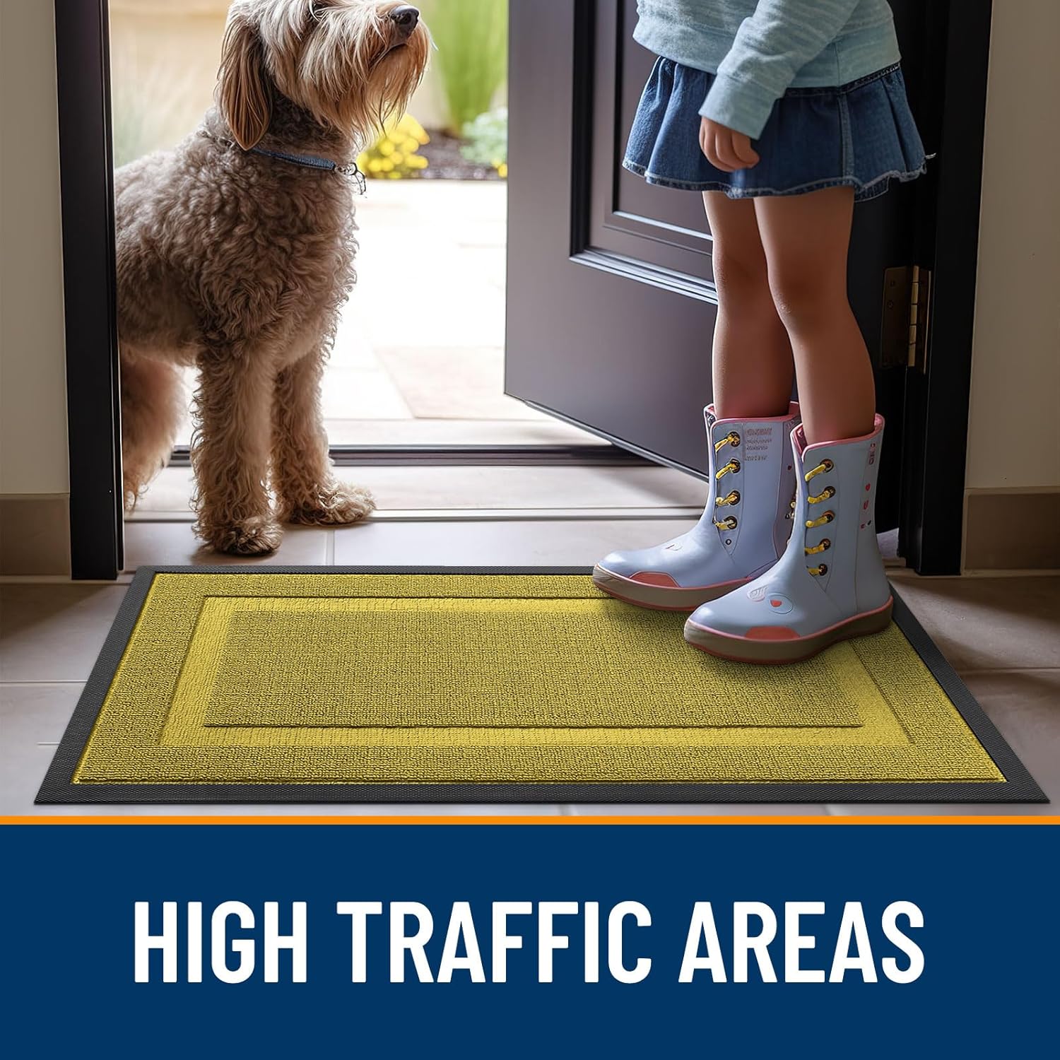 OLANLY Indoor Outdoor Doormat - Waterproof All-Season Entrance Mat, Sturdy Natural Rubber, 35x23, Lime Green