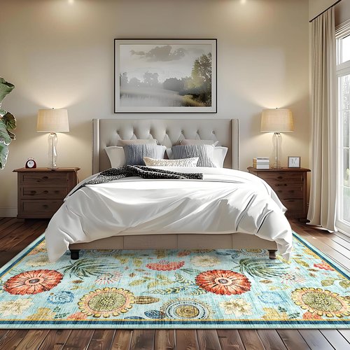 GarveeHome 5x7 Floral Washable Area Rug: Large Living Room Area Rug with Non-Slip Backing Washable Ultra Soft Bedroom Floral Carpet Indoor Stain Resistant Carpet for Dining Room 5 * 7 ft Light Blue