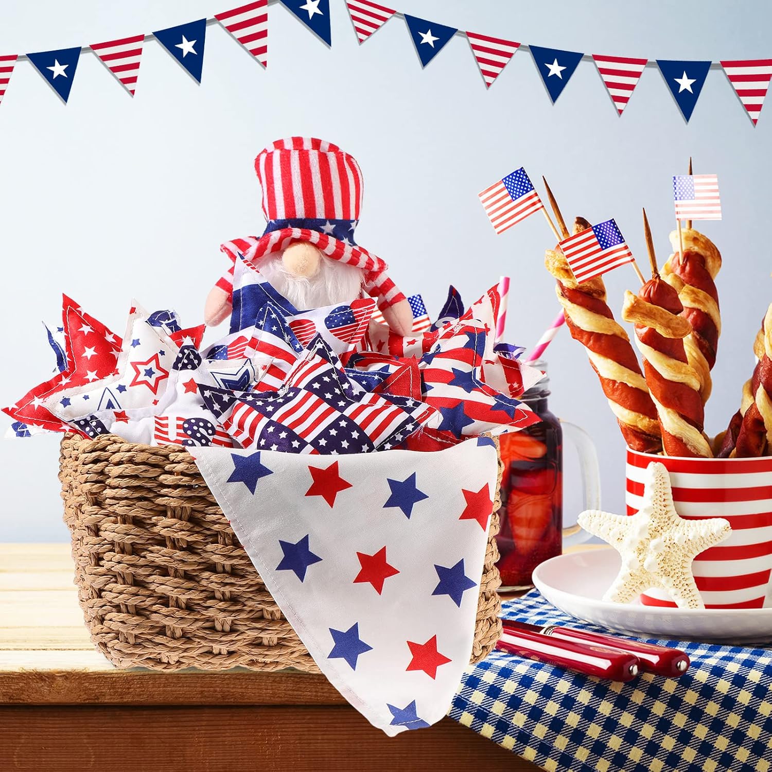 Oudain 15 Pcs Large 5-Inch Patriotic Star Ornaments - Stuffed Fabric Decor for 4th of July, Red White & Blue