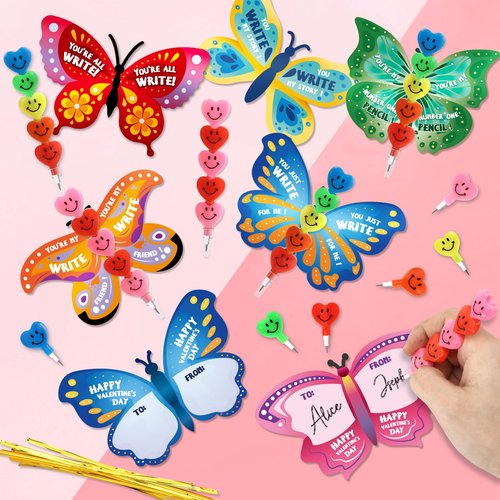 SpringFlower 30 Pack Valentines Day Cards for Kids School with Stacking Heart Pencils, Valentines Day Gifts Exchange for Kids Boys Girls, Valentines Party Favors Prizes Set for Kids