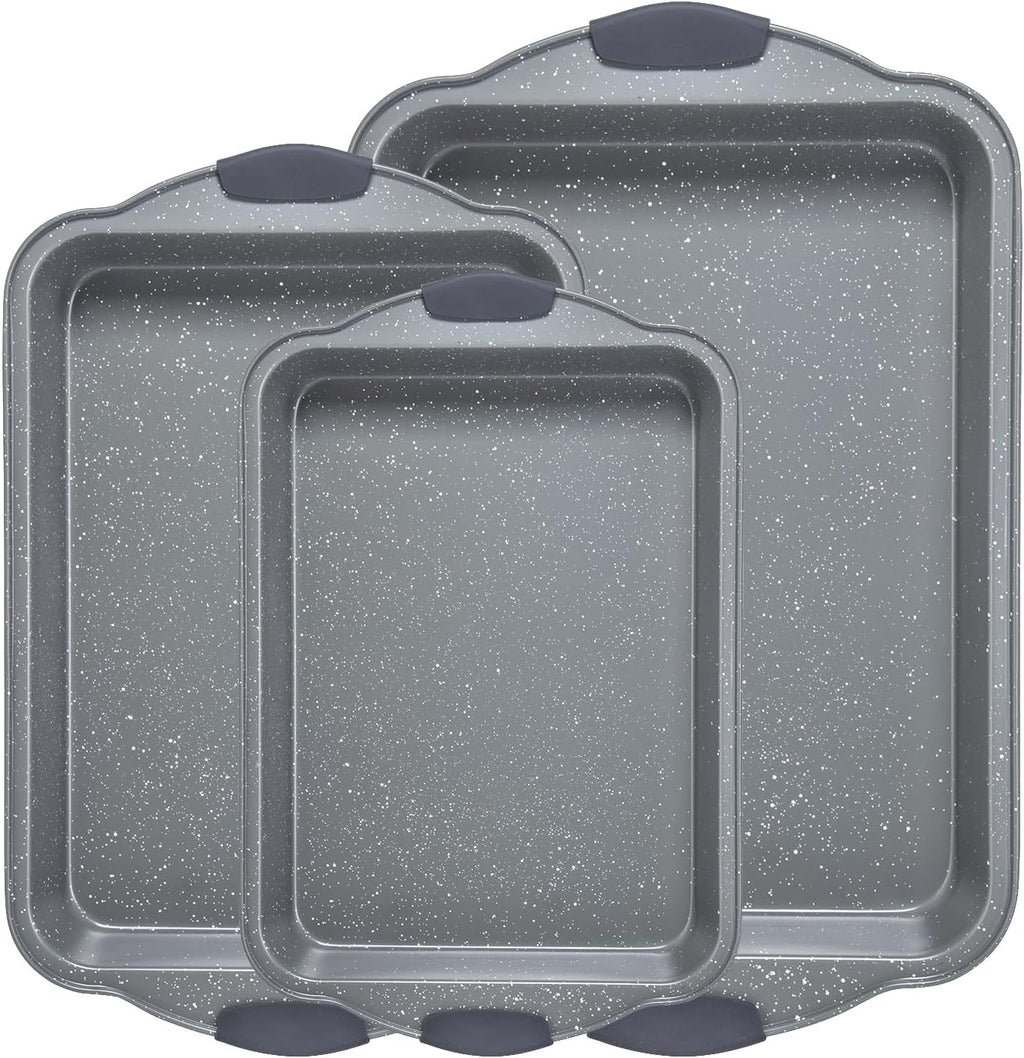 Anveena Nonstick Kitchen Oven Baking Pans - Premium Commercial Grade Bakeware with Red Silicone Handles | Easy to Clean Gray - 3-Piece Set