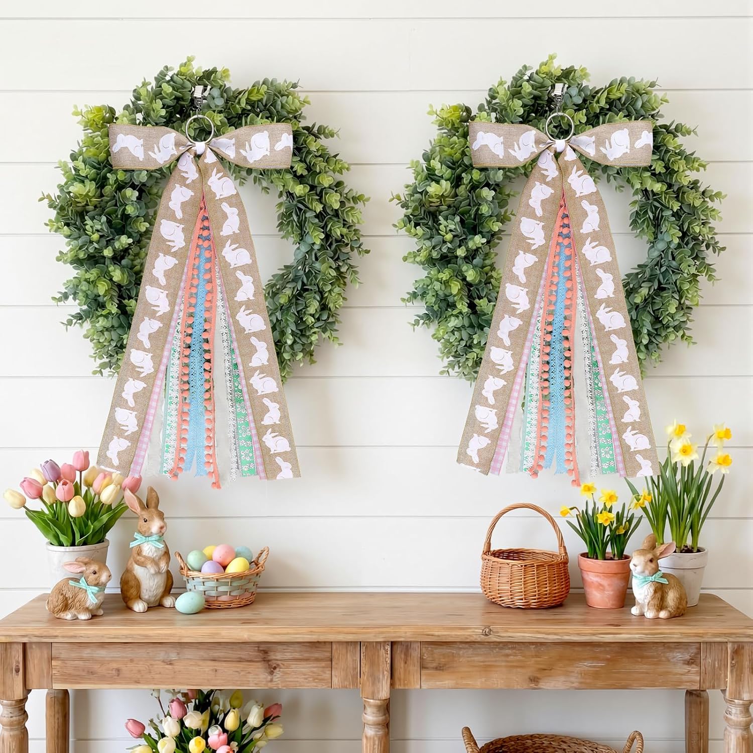 Suncalla Easter Ribbon Bows - 2 Pcs Large Rabbit Decorations for Front Door & Indoor/Outdoor Use