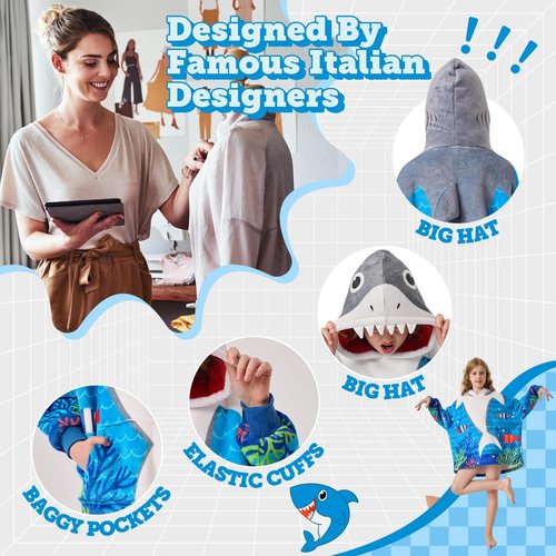 MIZZEO Kids Wearable Blanket Hoodie, Oversized Sherpa Wearable Blanket with Hood Pocket and Sleeves for Toddlers, Cute Hoodies 2-6 Year Old Girls Youth Birthday Gifts (shark)