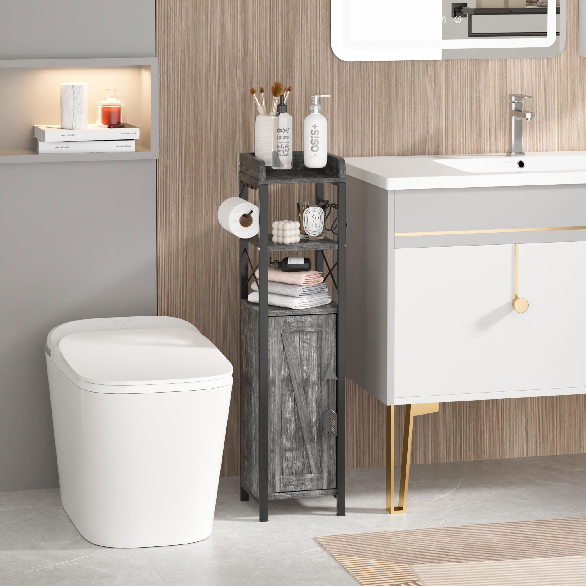 VECELO Small Bathroom Cabinet,Slim Toilet Paper Holders with Magnetic Door&2 Shelves, Narrow Storage Cabinet Organizer for Bathroom Restroom Tiny Space,Fenced Top Farmhouse Style,Coal Grey