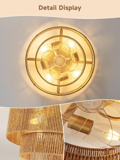 Boho Caged Ceiling Fan with Light Flush Mount, Handwoven Layered Rattan Fandelier with Remote Control & 6-Speed Reversible, Gold Low Profile Chandelier for Bedroom, Living Room, Girls Room, Nursery