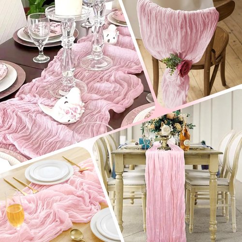 RealBox 14 Pack Light Pink Cheesecloth Table Runner 17x108 Inch Semi Sheer Boho Gauze Cheese Cloth Fabric Table Runners, for Wedding Party Baby Shower Birthday Home Decor Garden Farmhouse