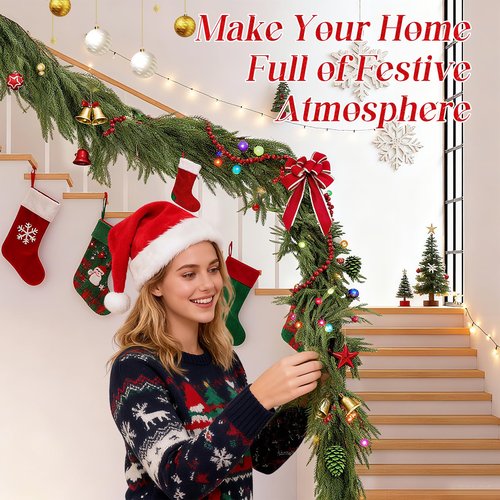 9ft Realistic Christmas Garland Decorations - 1pcs Upgraded Real Touch Greenery Artificial Norfolk Pine Cedar Garland for Fireplace Mantle Table Window Stair Holiday Home Decor