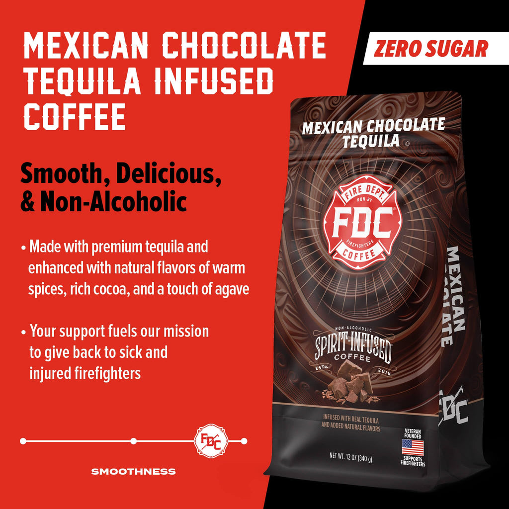 Fire Department Coffee - Gives Back to Firefighters - Mexican Chocolate Tequila Infused Whole Bean Coffee - Medium Roast - Non-Alcoholic - Roasted in the USA - Veteran Owned - 12 oz