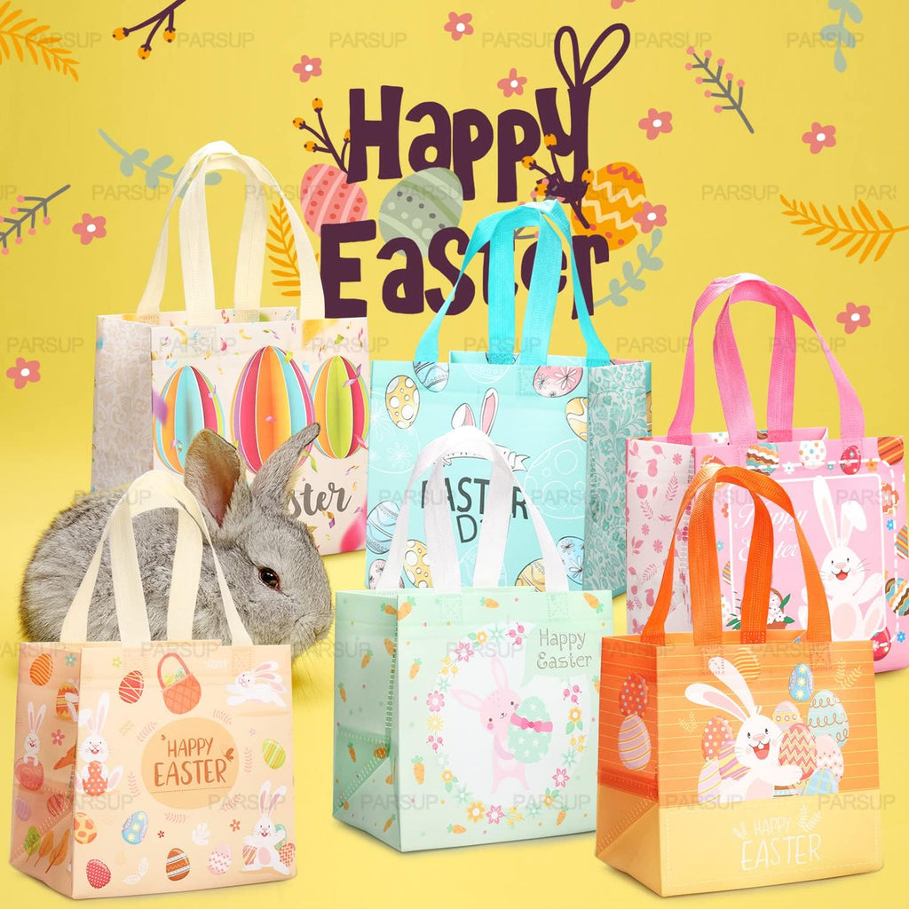 PARSUP 6PCS Happy Easter Bunny Carrot Chick Egg Hunt Gift Treat Multifunctional Non-Woven Bags with Handles,Easter Party Supplies for Gifts Wrapping, 8.3×7.9×5.9inch