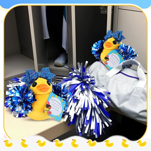 Lenwen Cheer Duck Gift with Pom Poms Bow 8 Inch Duck Plush Senior Cheerleader Gifts Team Support Gift for Senior Night Gifts Cheer Competition Day Must Have(Blue)