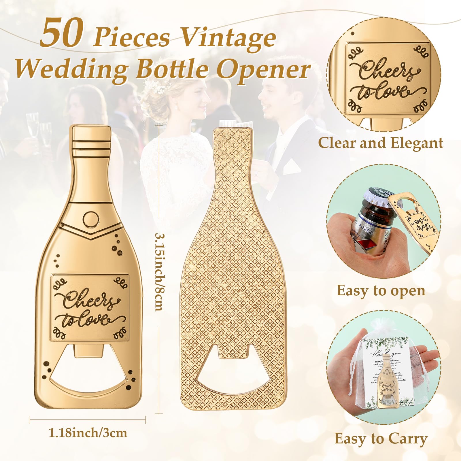 Suclain 50 Sets Wedding Favors for Guests Bulk Wedding Souvenirs Include Cheers to Love Bottle Openers Thank You Cards and Organza Bags Bridal Shower Gifts Decorations