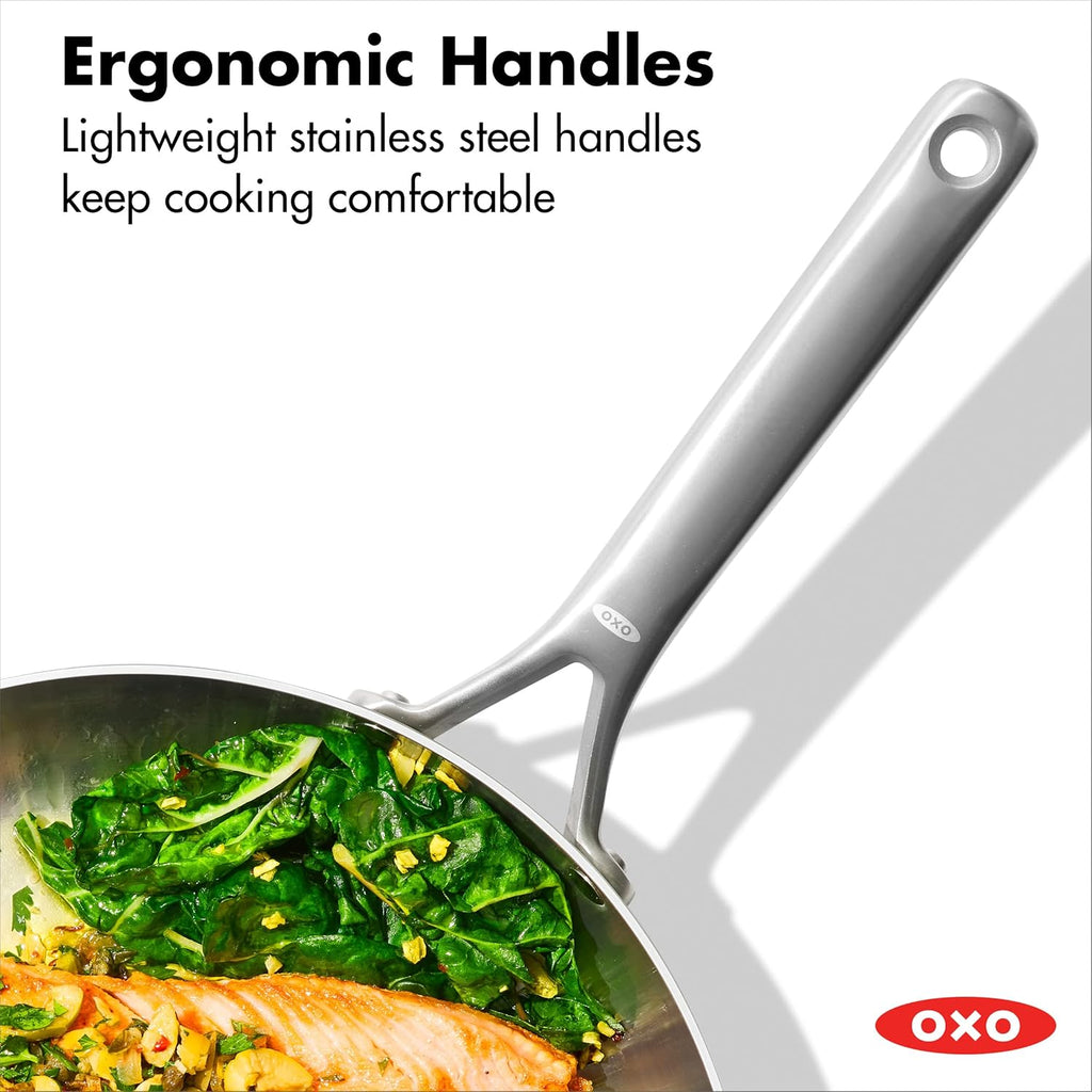 OXO Mira Tri-Ply Stainless Steel Frying Pan - 12" Induction Skillet, Dishwasher Safe, Metal Utensil Safe