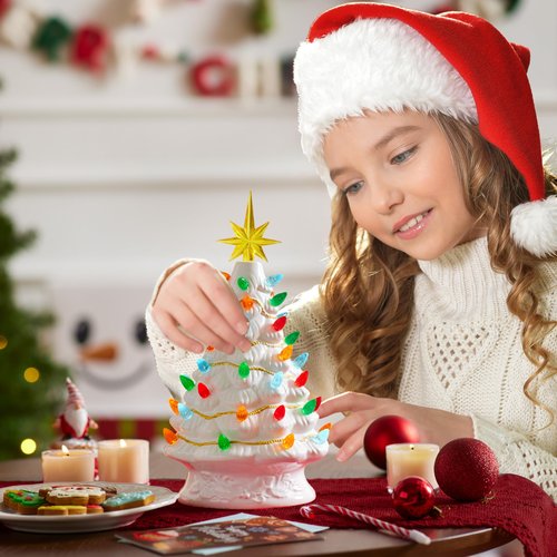 Joiedomi 12” White Christmas Ceramic Tree, Light up Tabletop Xmas Tree with 49 LED Lights, Ceramic Decor with Christmas Design, Xmas Holiday Indoor Office Table Centerpiece Decoration