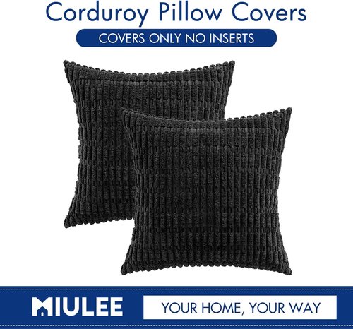 MIULEE Euro Sham Pillow Covers - Soft Corduroy Boho Striped Design | 24x24 Inch Black for Modern Home Decor