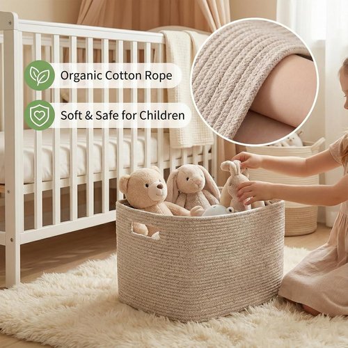 JMvicyroam Woven Blanket Basket - 65L Large Storage Bin for Toys & Clothes | Decorative Rope Design in Oatmeal