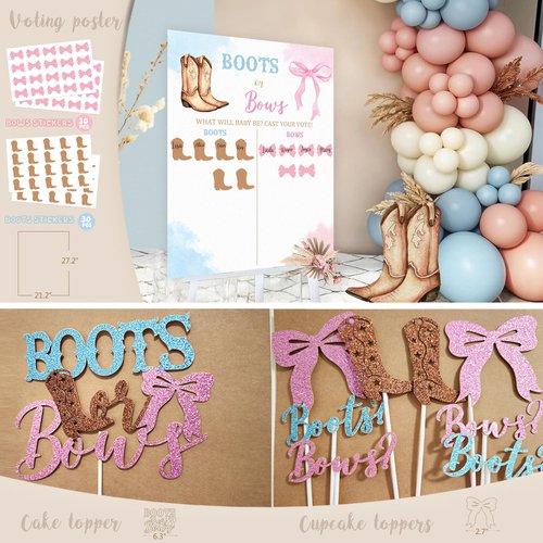 Boots or Bows Gender Reveal Decorations, 206pcs Boy or Girl What Will Baby Be Gender Reveal Party Supplies，Western Themed Cowboy or Cowgirl He or She Baby Shower Decoration