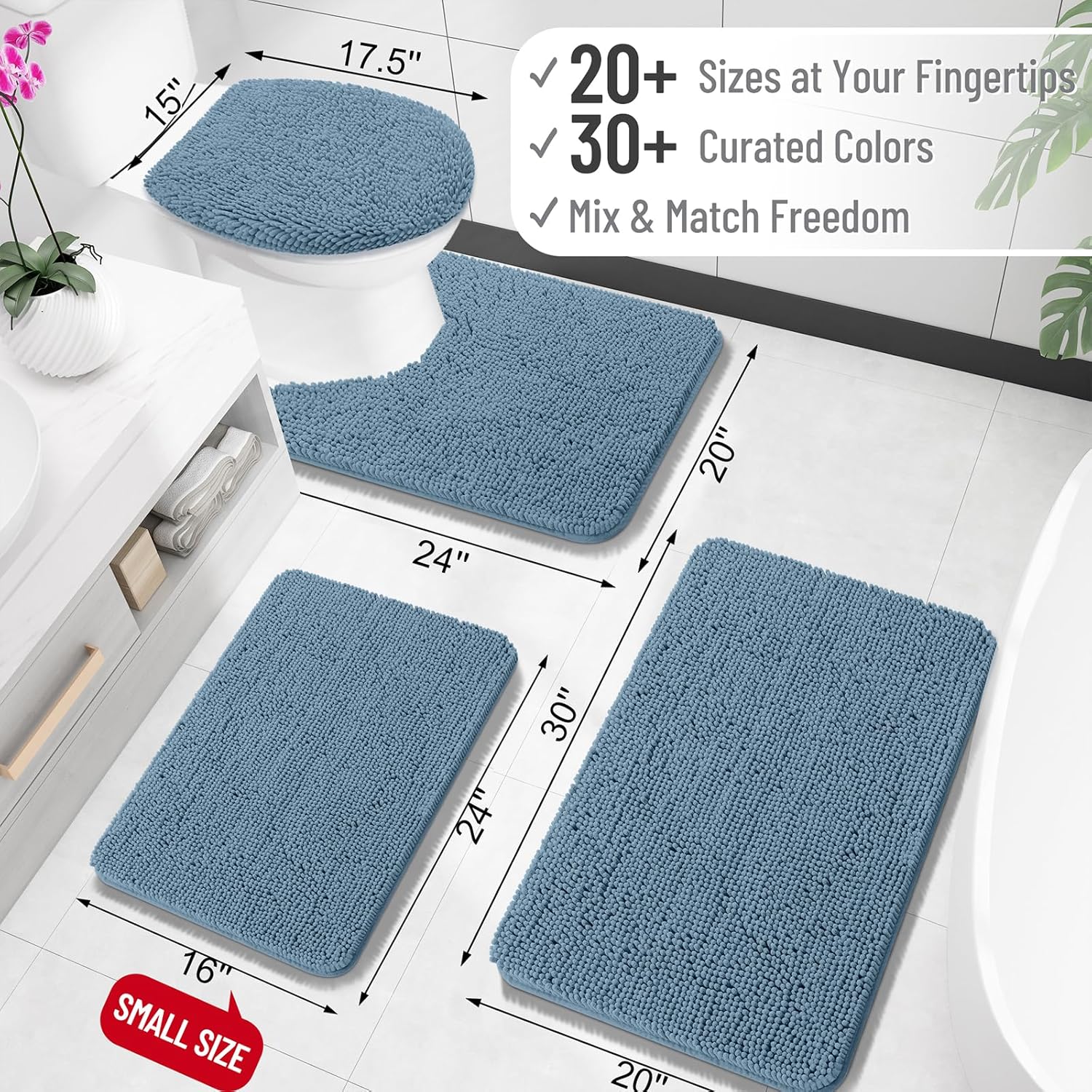 OLANLY U-Shaped Toilet Rugs - Extra Soft Chenille Bathroom Mat | 24x24, Quick-Dry, Non-Slip, Airy Blue