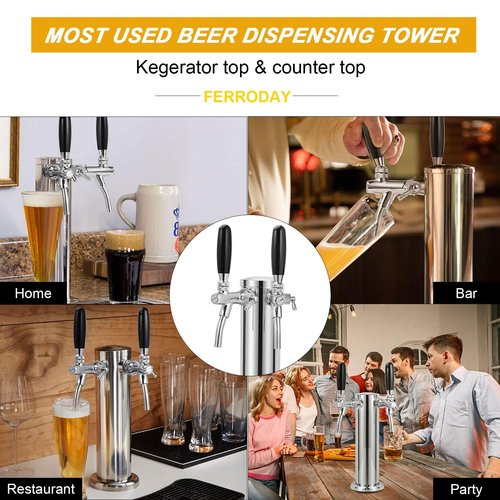 FERRODAY Upgraded Long Shank Adjustable Faucet Kegerator Tower Dual Faucet Beer Tower Double Tap Beer Tower Dispenser Beer Tap Kegerator Parts Pre-assembled Lines 3" Keg Tower Beer Keg Tap