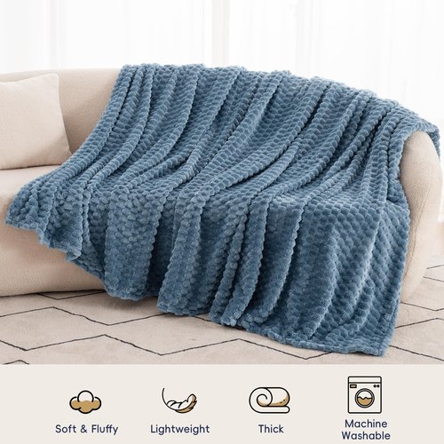 PHF Ultra Soft Flannel Fleece Blanket Queen Size, Lightweight 3D Jacquard Fleece Blanket, No Shedding, No Pilling, Luxury 340GSM Aesthetic Fluffy Cozy for Bed Room Decor, 90"x90", Denim Blue