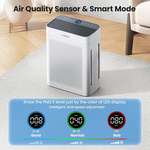 LUNINO HEPA Air Purifier - Double-Sided Design for Large Rooms up to 3000 sq.ft | Washable Filter & Air Quality Sensors
