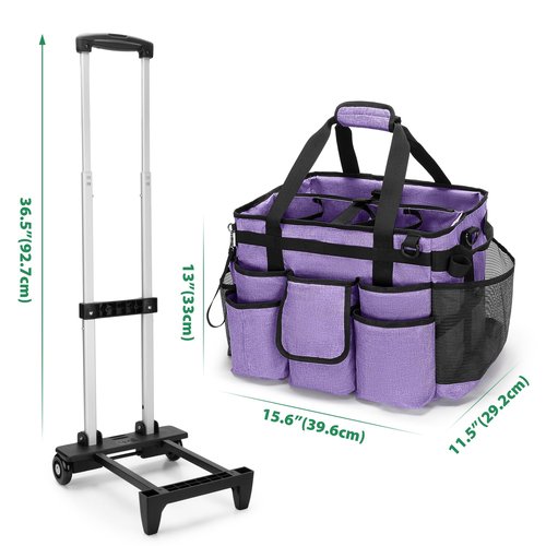 LoDrid Rolling Cleaning Bag with Detachable Trolley, Professional Cleaning Caddy with Shoulder Strap for Housekeepers, Portable Cart on Wheels for Supplies, Purple (Patent Design)