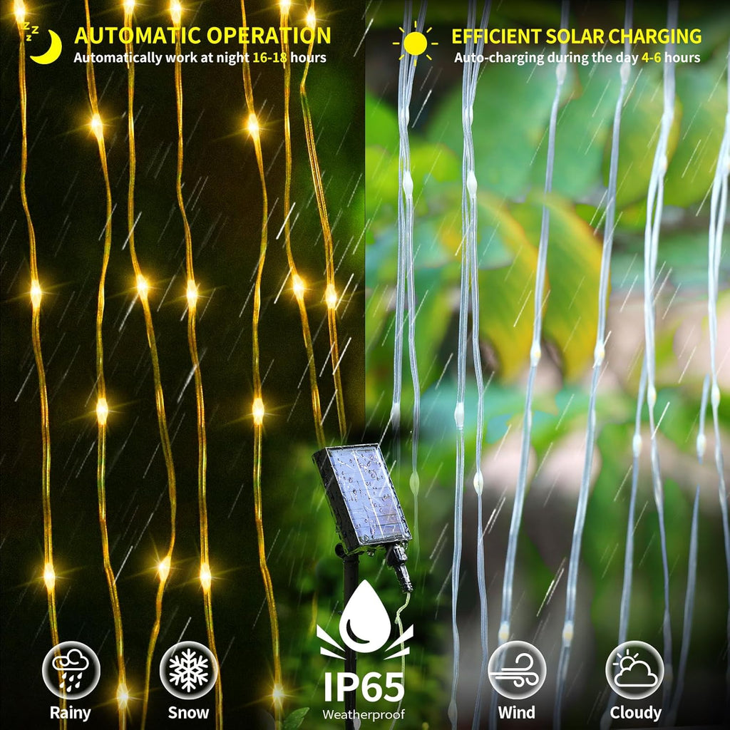 Skiennix Solar Curtain Lights - Waterproof 10x10 Ft 300 LED Twinkle Fairy Lights | 8 Modes, Remote Control, Rechargeable for Outdoor Events