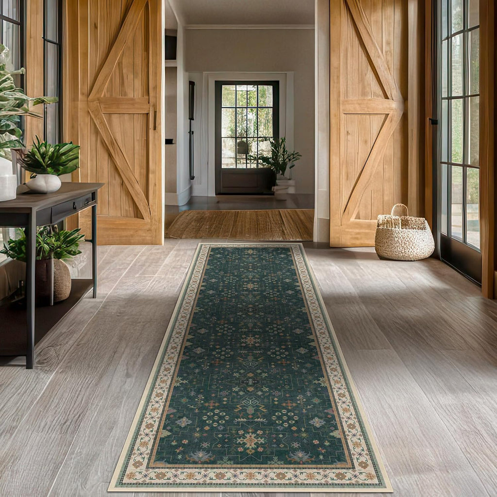 Regine Switzerland Dark Green Washable Kitchen Runner Rug - Non-Slip Rubber Backing | 2'6"x8' Stain Resistant