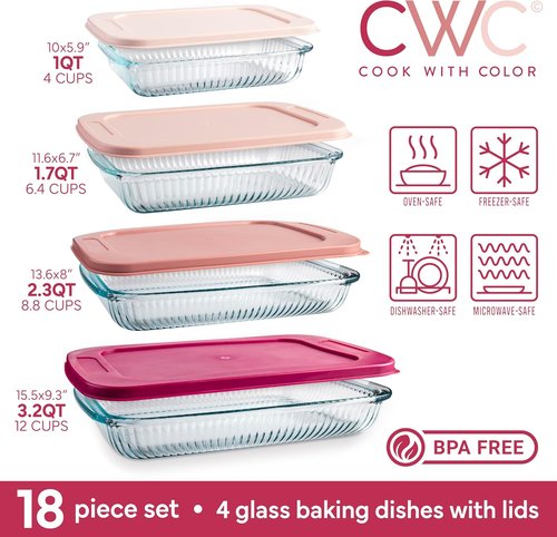Cook With Color 8-Piece Deep Glass Baking Dish Set - Versatile Casserole & Food Storage Containers | Freezer-to-Oven, Microwave & Dishwasher Safe, Fluted Rose