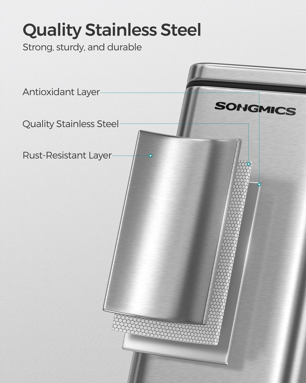 SONGMICS Bathroom Trash Can, 1.3 Gallon (5 L) Small Trash Bin with Lid, Slim for Small Spaces, Stainless Steel Garbage Can, Soft Close, Silver ULTB560E05
