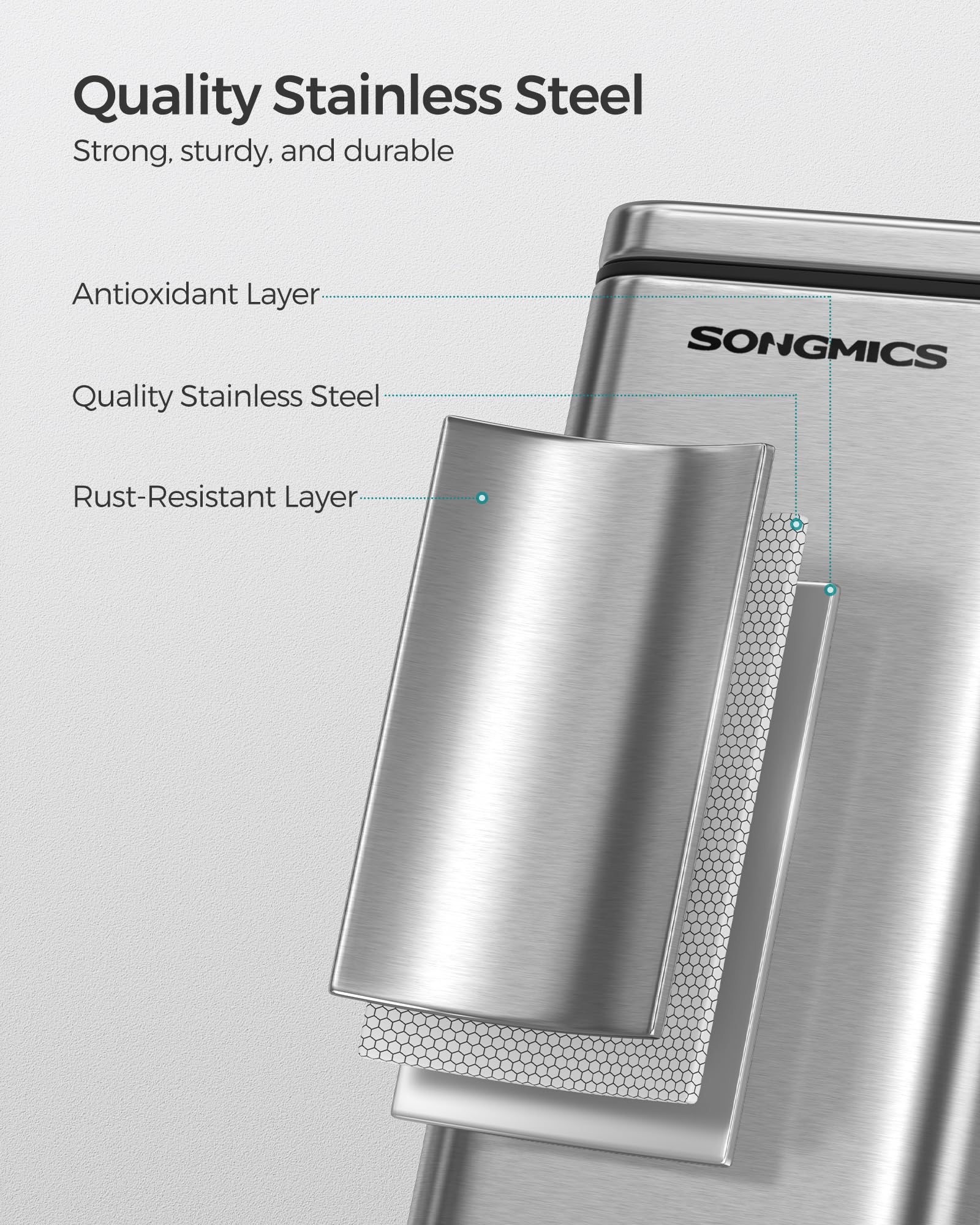 SONGMICS Bathroom Trash Can, 1.3 Gallon (5 L) Small Trash Bin with Lid, Slim for Small Spaces, Stainless Steel Garbage Can, Soft Close, Silver ULTB560E05