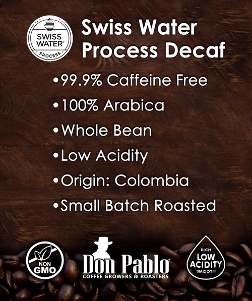 Don Pablo Colombian Decaf - Swiss Water Process Decaffeinated - Medium-Dark Roast Gourmet Coffee - 100% Arabica Whole Bean, Non-GMO, Low Acidity, 5 Pound (5 lb) Bag