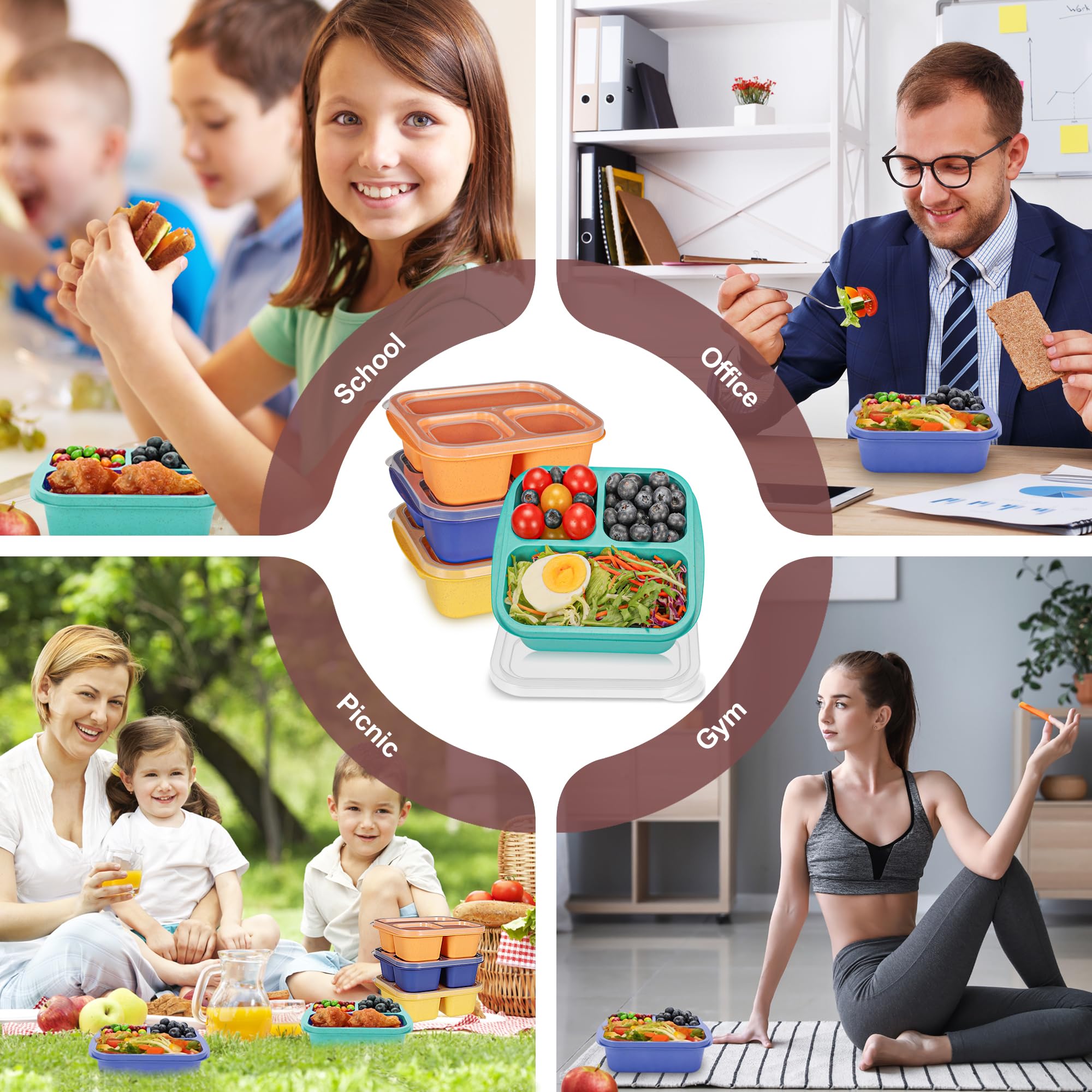 TOUWMX Bento Box For Kids, 4 Pack 3 Compartments Lunchable Meal Prep Containers Lunch Containers, Reusable Snack Containers with Lids, Snack Boxes for School, Work, and Travel