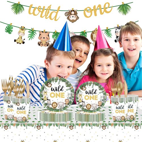 Wild One Birthday Decorations 202 Pcs for 25 Guests, Jungle Safari Theme Party Supplies with Animal Plates Napkins Cutlery Tablecloth Banner, Baby Shower or Boys 1st Birthday Party