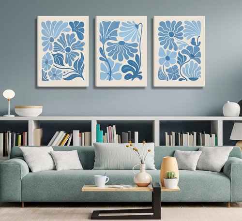 Blue Flower Market Canvas Wall Art - Boho Botanical Aesthetic Prints for Living Room Decor | Light Blue