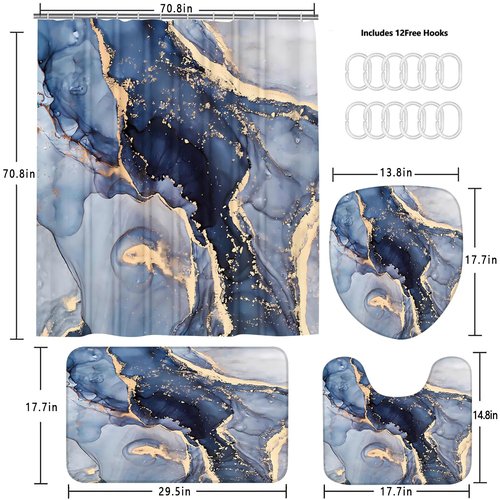 Nkzply 4 Pcs Blue Marble Shower Curtain Set Modern Abstract Bathroom Sets with Shower Curtain and Rugs Gold Fabric Shower Curtains for Bathroom Decor Accessories with Bath Rugs Toilet Lid Cover Hooks