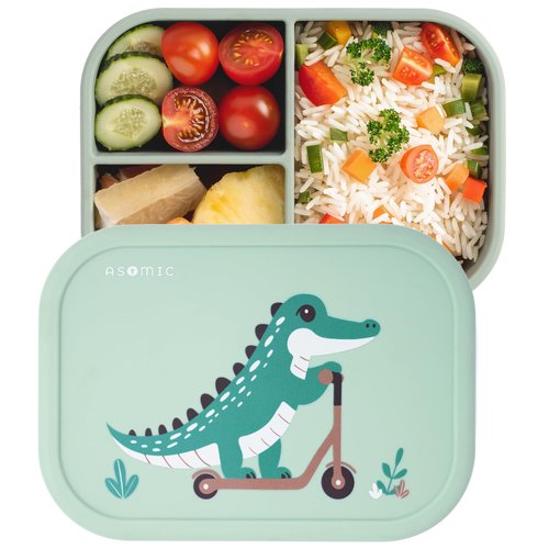 ASOMIC Silicone Bento Lunch Box for Toddlers & Kids, Leakproof & BPA-Free, 3 Compartments, Microwave & Dishwasher Safe, Ideal for Daycare, Preschool & Baby Meals (Crocodile)