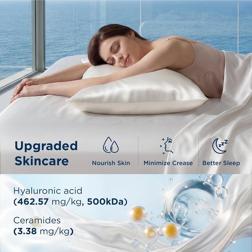 Bedsure Cooling Pillow Cases - Softer Than Silk Queen Set of 2 | White Zippered Pillowcases Infused with 3% HA & Ceramides for Hydrated Skin