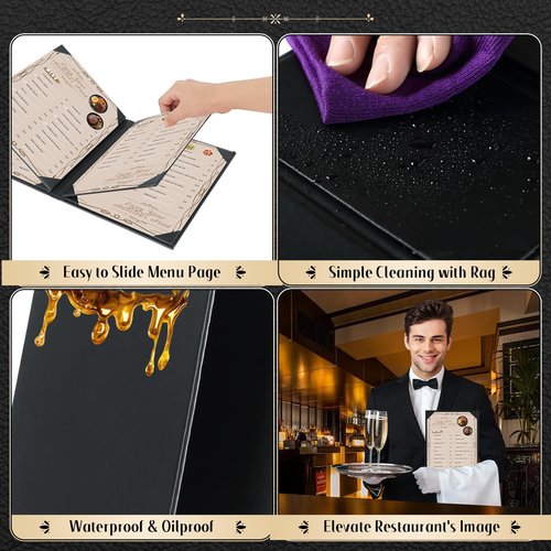 FLKQC Restaurant Menu Covers Holders 8.5" X 11" | Pack of 5 Synthetic Leather 6 View Menu Holder Covers Book Style with Angled Corners Black for Wine List (5, 6 View (8.5" x 11"))