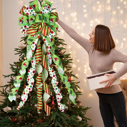 Wninbu Christmas Tree Topper Bow Wreath, 44 x 13 Inches Large Green Bow Tree Topper,Christmas Wreath for Tree Indoor/Outdoor Christmas Decoration