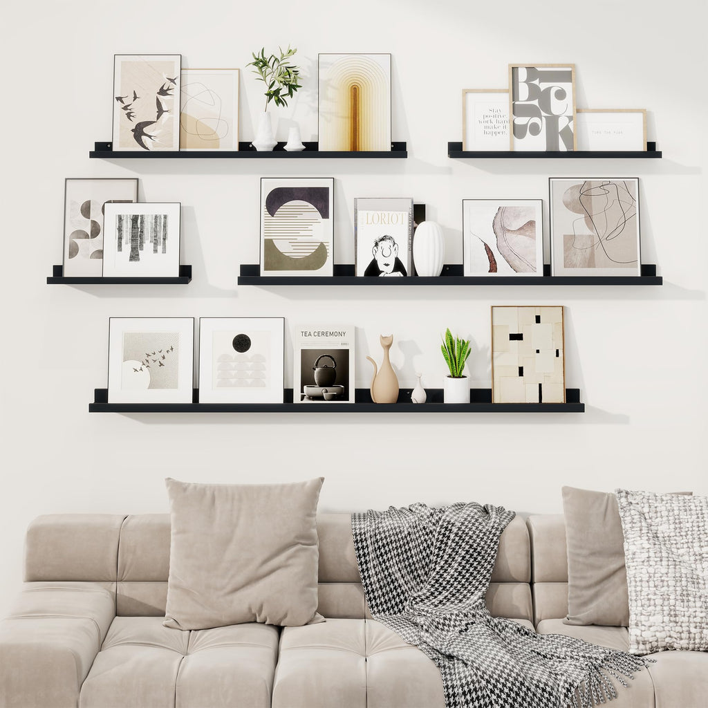 RICHFOCUS Picture Ledge Shelf, 48 inch Floating Shelves Set of 2, Wood Wall Shelves with Lip, Wall Decor Storage for Bedroom Living Room Bathroom Kitchen Nursery Photo Picture, Black