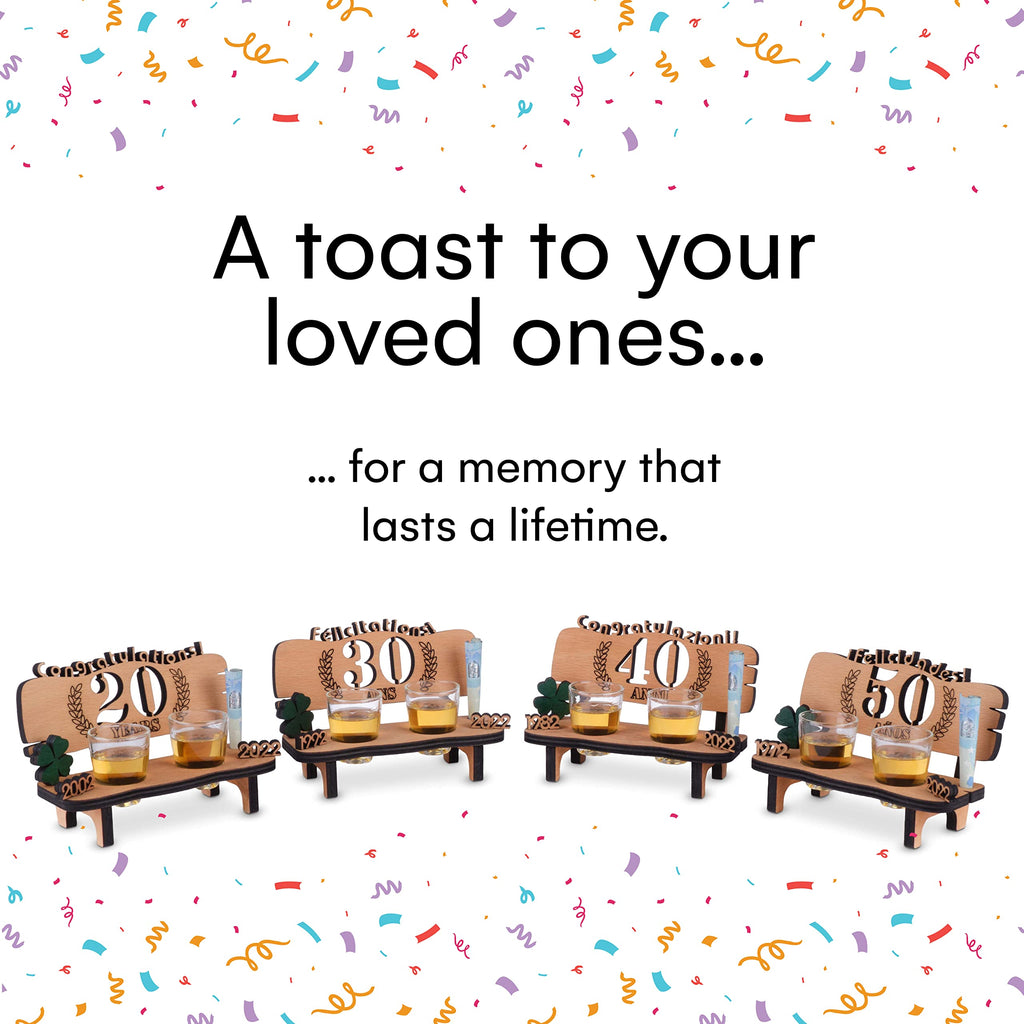 Brynnberg Wooden Bench with Shot Glasses - 80 Engraved (Years Available 10-90) - Original, Funny and Emotional Gift for Wedding, Anniversary or Birthday - 2 Shot Glasses and Wood Four-Leaf Clover