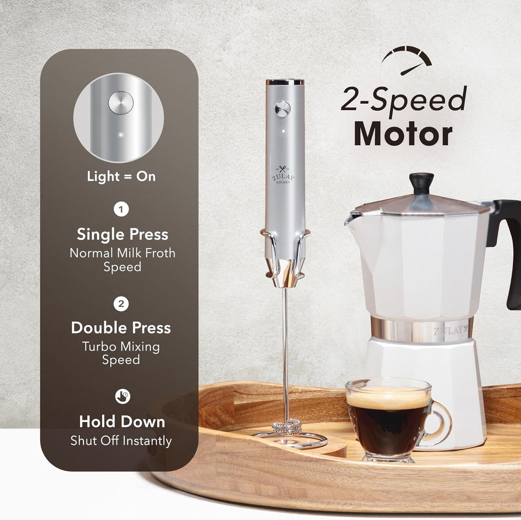 Zulay Kitchen Rechargeable Milk Frother Handheld - Lux 4 Whisks, Powerful 2-Speed Motor, Waterproof, 2000mAh Battery - Drink Mixer for Latte, Cappuccino, Matcha & Protein Powder - Silver