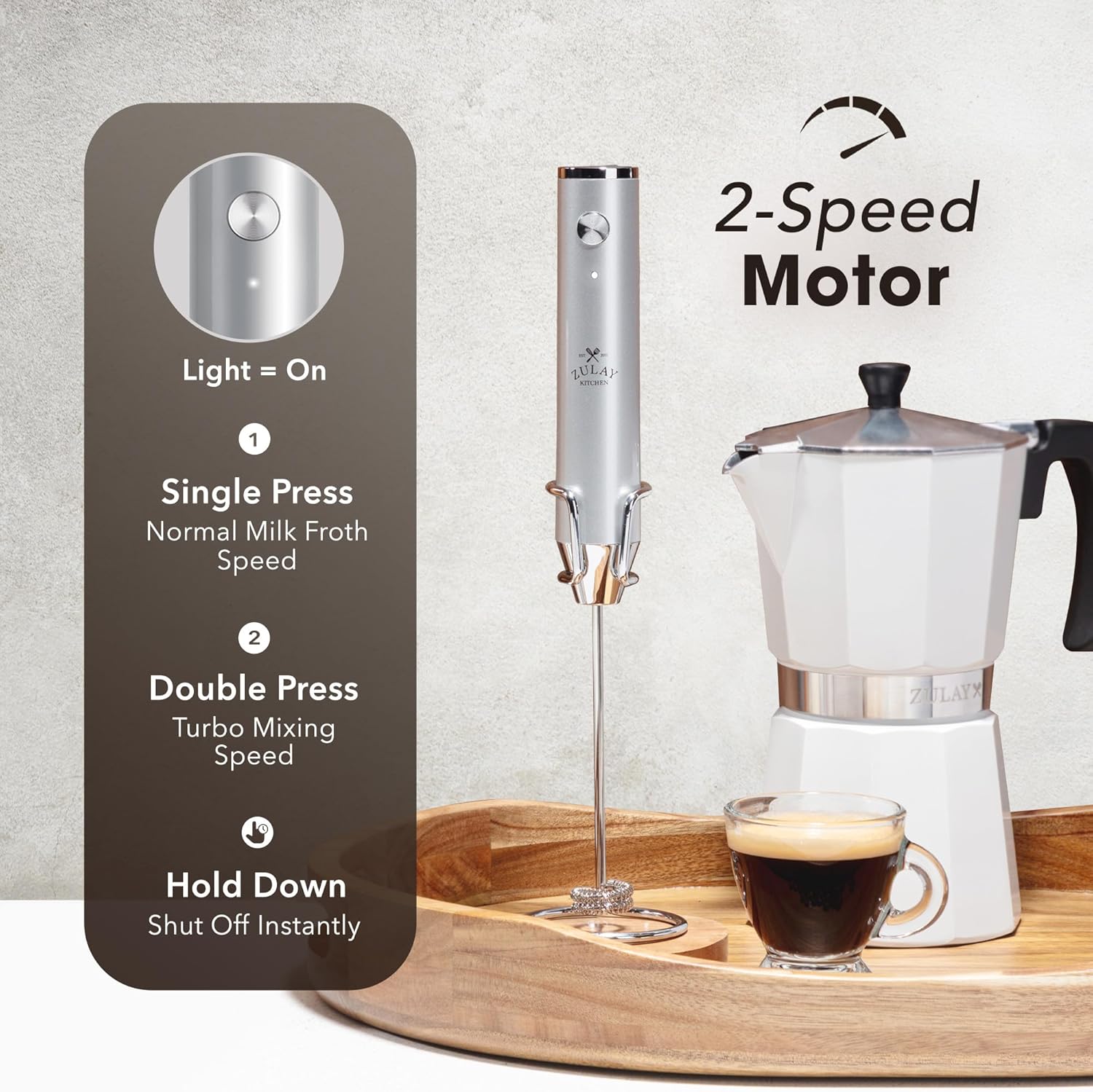 Zulay Kitchen Rechargeable Milk Frother Handheld - Lux 4 Whisks, Powerful 2-Speed Motor, Waterproof, 2000mAh Battery - Drink Mixer for Latte, Cappuccino, Matcha & Protein Powder - Silver