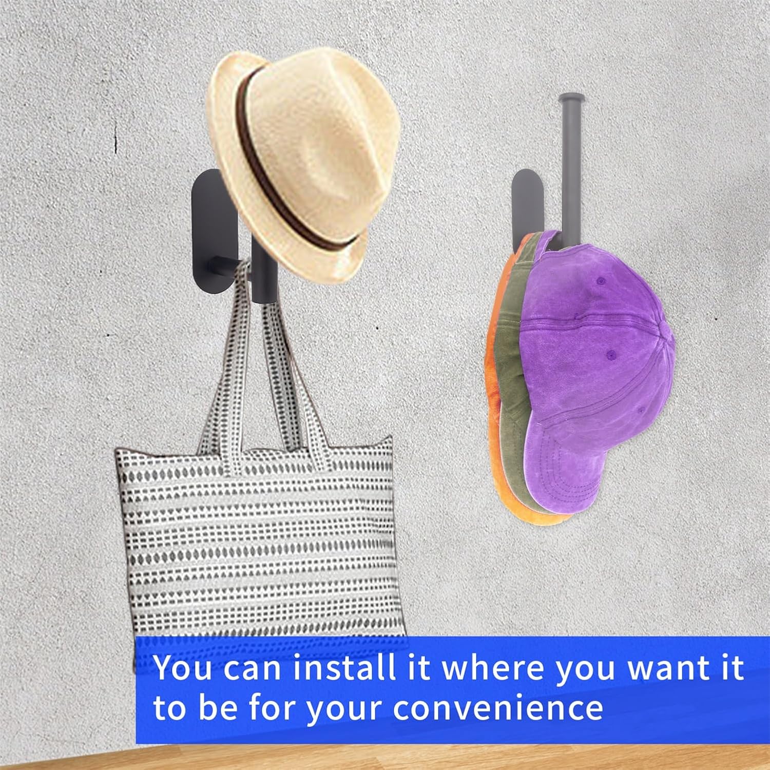 Skiennix Hat Rack - 2 Pack Stainless Steel Adhesive Hooks for Wall | Multi-Function Hat Storage Organizer in Black