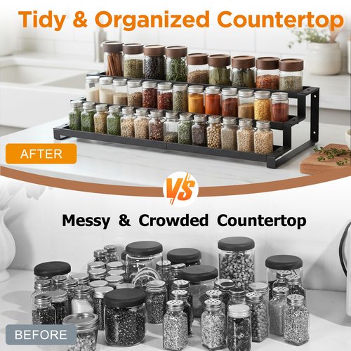 3-Tier Spice Rack Organizer for Kitchen Cabinet or Pantry, 16"-29" Expandable Spice Organization Shelf, Seasoning Organizer, Metal Display Shelf, Slip-Resistant Design for Jars and Bottles, Black