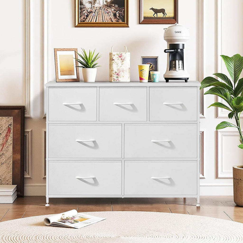 Regine Switzerland 7-Drawer Dresser - Anti-Tip Storage Organizer with Wooden Top | White Finish for Bedroom & Living Room